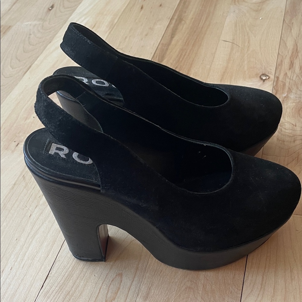 Rochas Black Suede Platform Slingback Heels